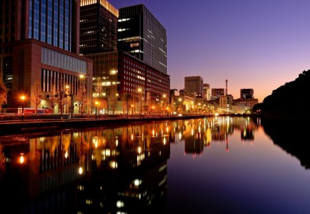 Tokyo city lights - night, tokyo, water, lights