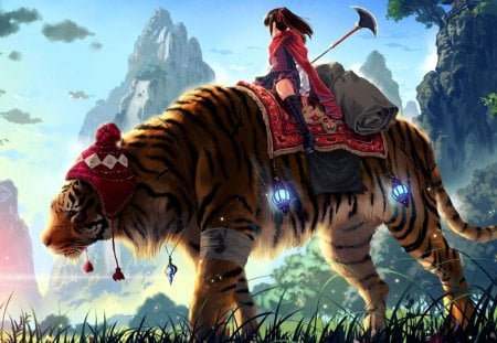 Huge Tiger Ride - fantasy, animacion, warrior, tiger