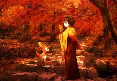 Autumn Walk - orange, autumn, deerling, girl