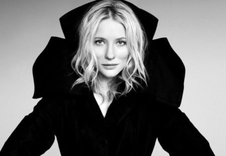 Cate Blanchett - blonde hair, actress, pretty black dress, cute eyes, great black and white pic, female