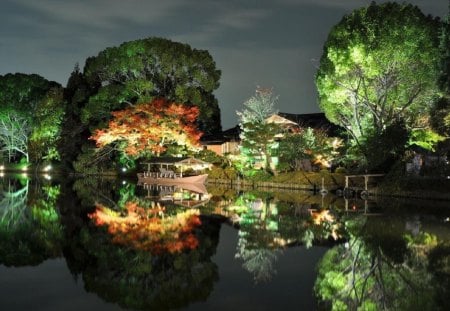 Night - lighting, lake, trees, boat