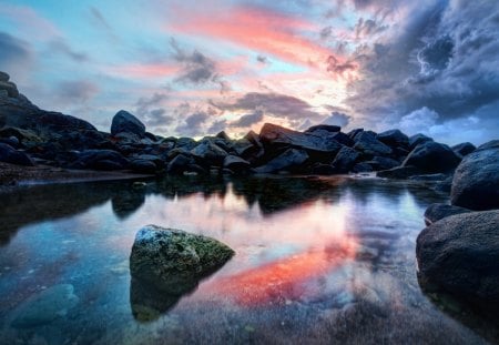 Reflection - amazing, splendor, sunsets, reflection, twilight, lake, sky, storm, clouds, water, beautiful, sea, stormy, beauty, colors, stones, nature, sunset, peaceful, rocks