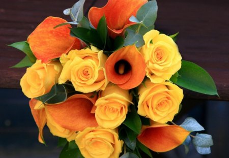 Lovely bouquet - yellow, roses, lovely bouquet, cala, flowers, bouquet, yellow roses