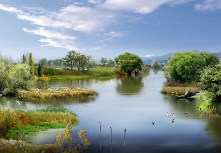 Reflective River - clouds, trees, birds, water, weeds, grass, reflection, mountain, islands, river, animal, nature, green, plants, day, sky