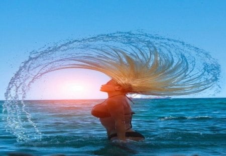 Hair Wave - pretty, flip, hair, woman, lake, splash, wave, sun, swim