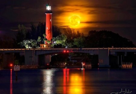 Red Lighthouse at Night - moon, lighthouse, red, ship, sea, guide, night, navigate