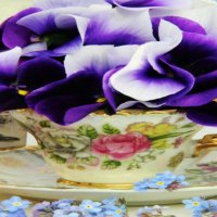 Teacup filled with Purple Pansies