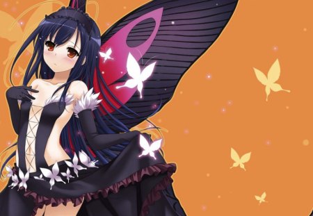 Kuroyukihime - girl, wings, long hair, accel world, butterfly, kuroyukihime, anime, orange, dress