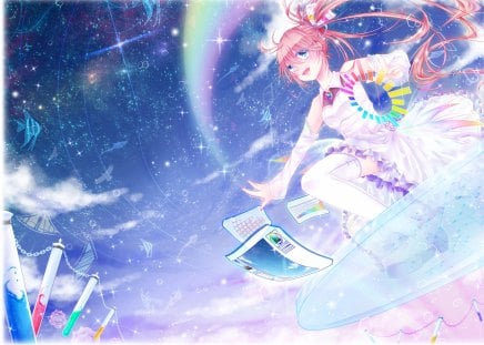 Anime - rainbow, sky, girl, long hair, anime, dress