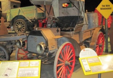 1912 International commercial car - wheels, yellow, car, red, sign, seat, black