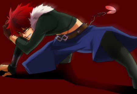 Kagura Demuri - yellow eyes, male, plain background, red background, gold eyes, red hair, aquarian evol, anime, kagura demuri