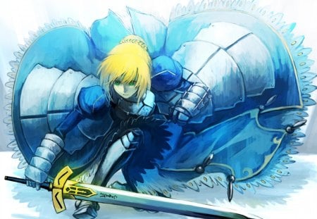 Saber - saber, female, fate stay night, white background, green eyes, armour, anime, sword, weapons, dress