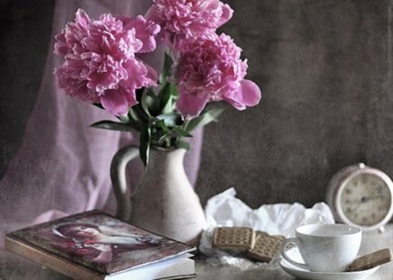 Pink Flowers Still Life - white, book, flowers, vase, still life