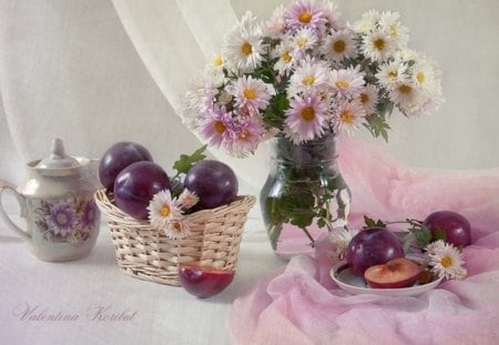 Daisies Still Life - white, fruits, flowers, still life, daisies, vase