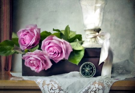 Pink roses - roses, pink roses, candle, petals, pink, still life, three, flowers, ribbon, tender