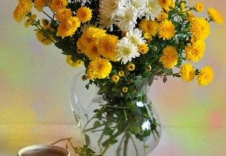 Yellow Flowers - flowers, vase, yellow, nature