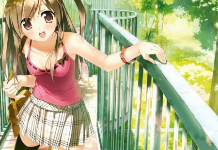 Anime - girl, railing, anime, leaves