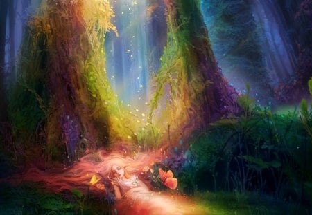 Magical colors in the forest - magic, butterflies, splendor, smart, girl, colors, magical, dream, dreams, wonderful, fantasy, fairy, plants, tender, fairyland, peaceful