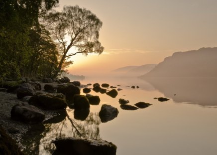 Sunrise - morning, stone, lake, landscape, trees, water, mountains, nature, sunrise