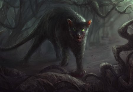 Wild Cat - cat, creepy, christian quinot, fantasy, halloween, art, forest, dark, beast, horror, animal