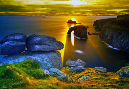 ROCKY COAST SUNSET - sunset, coast, rock, arch, ocean, stones