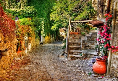 Little Houses in the Village - autumn, houses, trees, daylight, day, path, road, nature, pepples, architecture, steps, leaves, pottery