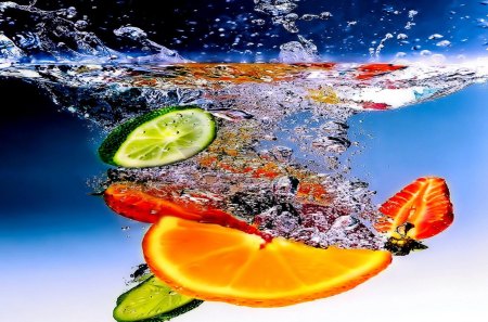 Refreshing - strawberry, water, bubbles, fruit, abstract, red, green, orange, lime, splash