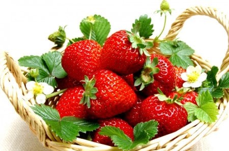 Basket of Yummy Strawberries - fresh, basket, fuit, abstract, strawberries, red, leaves, bunch, sweet