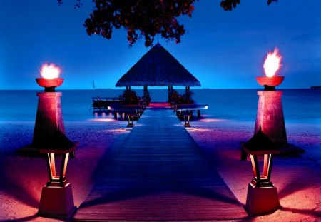 Tropical evening - beach, evening, night, light, fire, bungalow, twilight, exotic, water, beautiful, sea, ocean, tropics, maldives, nature, tropical, dusk