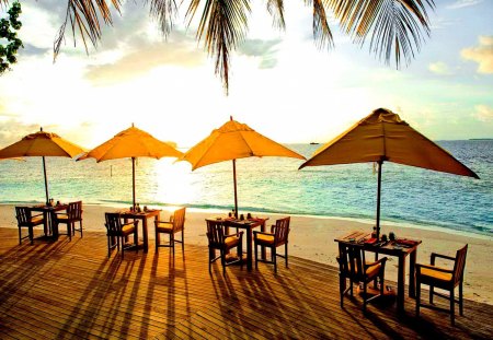 Tropical morning - blue, ubbrellas, breakfast, tables, chairs, light, reflection, sky, sun, clouds, palms, sea, sunshine, morning, ocean, dazzling, tropics, glow, nature, tropical, rays, bright