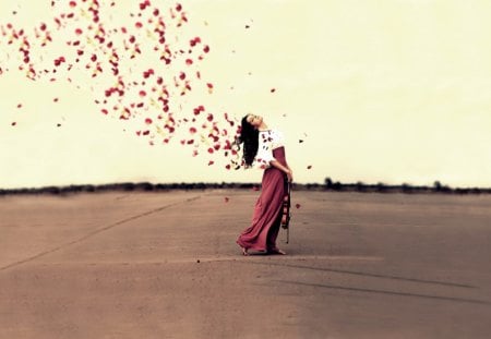 Girl with Violin and Rose Petals - rose, petals, violin, and, girl, with