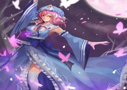 Saigyouji Yuyuko - breasts, dress, night, short hair, touhou, pink hair, headdress, moon, cherry blossom, hot, saigyouyi yuyuko, thighhighs, cool, flower, petals, smile, butterfly, dance, sexy, full moon