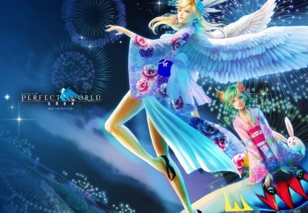 Prefect World - sitting, sky, angel, fox ears, wings, fantasy, prefect world, rabbit, firework, blonde hair, japanses clothes, short, wings head, blue eyes, fox girl, flying, smile, flower hair, green hair, earring