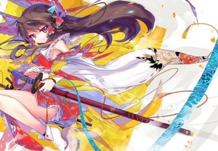 Hakurei Reimu - female, sheath, long hair, headphones, japanese clothes, touhou, katana, weapon, hakurei reimu, anime girl, hot, sword, brown hair, cool, red eyes, hair tubes, sexy