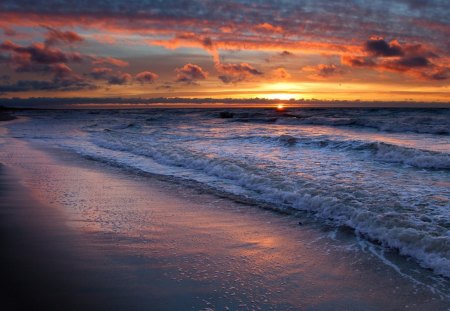 Beautiful Beach - nature, sky, ocean, beach, red, blue, beautiful, sunset