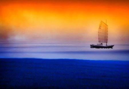 SUNSET SAIL - sail, sunset, art, ship