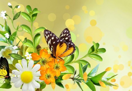 Adoring Butterflies - bokeh, blooms, blossoms, vines, yellow, summer, butterflies, daisy, spring, gold, flowers, green leaves