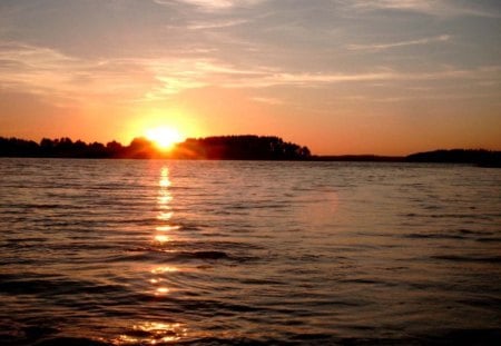 the lake - lake, sky, trees, sun, water, sunset, nature, glow, evening, reflection, mood, dusk