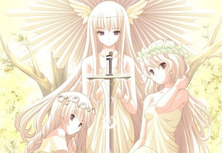 Angels - bright, long hair, anime, angels, dress, heaven