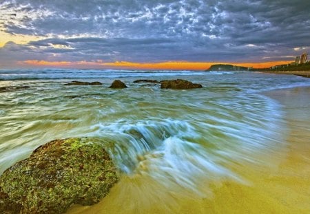 Fast and Smooth - clouds, water, beach, rock, ocean, orange, tide, sand, sunset, nature, day, sky