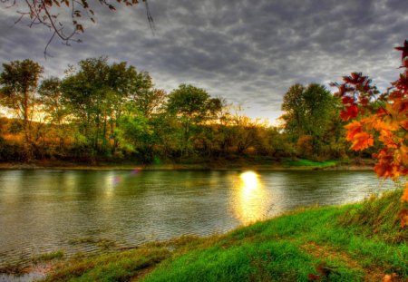 Reflection Sun - clouds, trees, water, grass, reflection, ground, river, nature, autumn, day, sun, sky