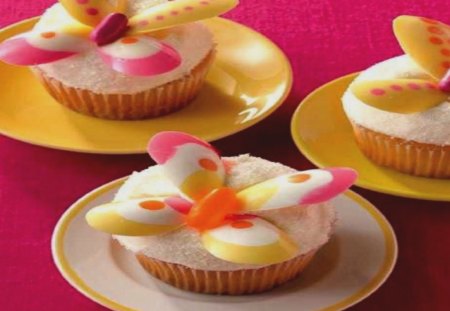 Sunny Butterfly Cupcakes - yummy, cupcake, treat, bake, decorate, butterfly, pretty, icing, frosting, dessert