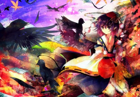 Rainbow Scene - pretty, colorful, aya, birds, touhou, girl