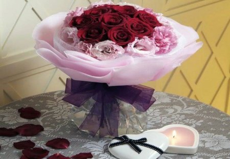 A Touch of Romance - love, candle, heart, still life, rose, romantic, pink, red, petals