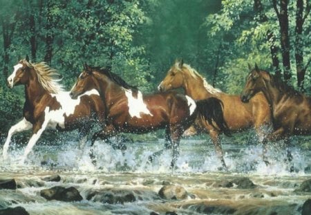 Wild Horses - running, forest, mustangs, river