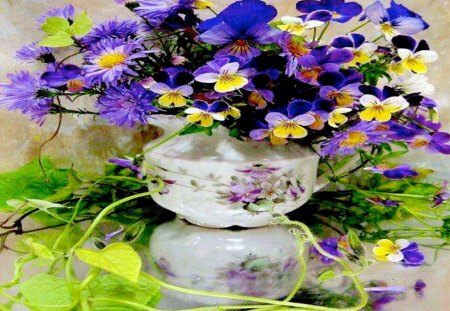 Violets and Bachelor Buttons - tiny, yellow, bachelor button, purple, blue, cornflower, viollet