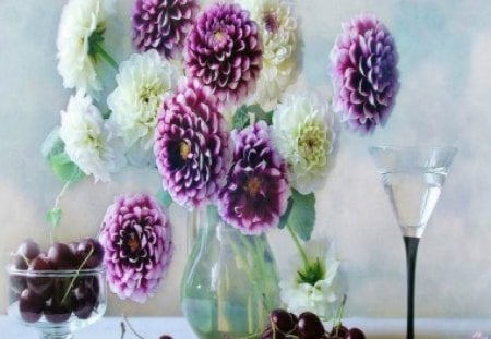 Dahlia's & Cherries - dahlia, photography, bouquet, still life, vase, cherries, purple, art, flower