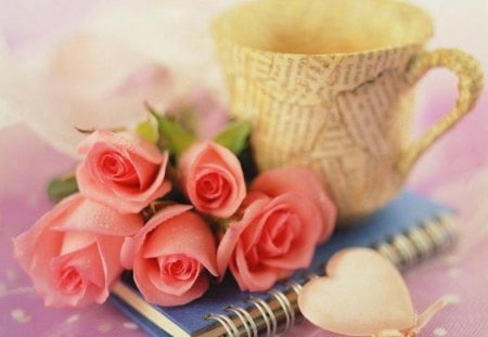 Romantic Notes - love, roses, pink, heart, soft, coffee cup, romance, notes