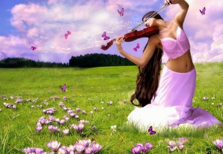 Sweet Notes of Lavender - play, lavender, violin, grass, flowers, music, musician, fantasy, melody, purple, woman, sky