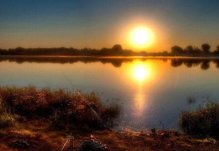 SUNSET FISHING - river, sunset, fishing rod, fishing, landscape